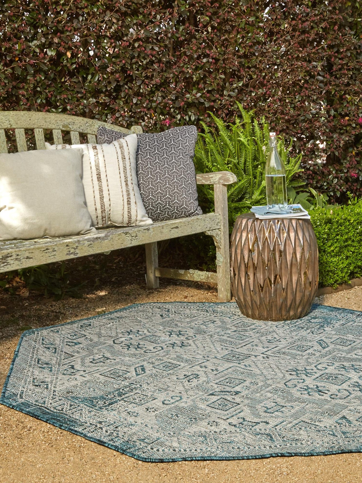 Teal 5' 3 x 5' 3 Outdoor Aztec Octagon Area Rug Weather Resistant for Patio, Deck, Terrace, Balcony, Porch 100% Polypropylene Traditional Carpet Mat for Sale at Rug Engine