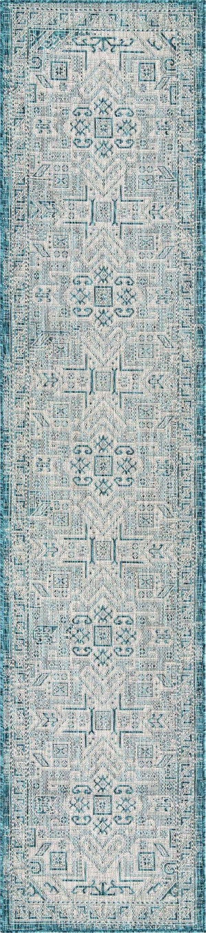 Teal 2' 7 x 12' Outdoor Aztec Runner Area Rug Weather Resistant for Patio, Deck, Terrace, Balcony, Porch 100% Polypropylene Traditional Carpet Mat for Sale at Rug Engine