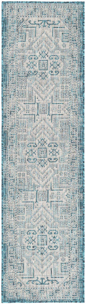 Teal 2' x 8' Outdoor Aztec Runner Area Rug Weather Resistant for Patio, Deck, Terrace, Balcony, Porch 100% Polypropylene Traditional Carpet Mat for Sale at Rug Engine