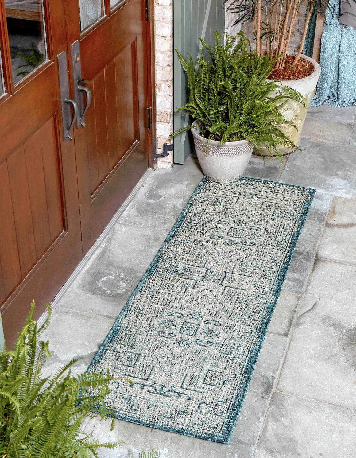 Teal 2' x 6' 1 Outdoor Aztec Runner Area Rug Weather Resistant for Patio, Deck, Terrace, Balcony, Porch 100% Polypropylene Traditional Carpet Mat for Sale at Rug Engine