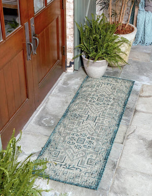 Teal 2' x 6' 1 Outdoor Aztec Runner Area Rug Weather Resistant for Patio, Deck, Terrace, Balcony, Porch 100% Polypropylene Traditional Carpet Mat for Sale at Rug Engine