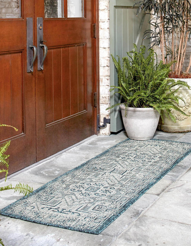 Teal 2' x 8' Outdoor Aztec Runner Area Rug Weather Resistant for Patio, Deck, Terrace, Balcony, Porch 100% Polypropylene Traditional Carpet Mat for Sale at Rug Engine