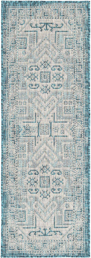 Teal 2' x 6' 1 Outdoor Aztec Runner Area Rug Weather Resistant for Patio, Deck, Terrace, Balcony, Porch 100% Polypropylene Traditional Carpet Mat for Sale at Rug Engine