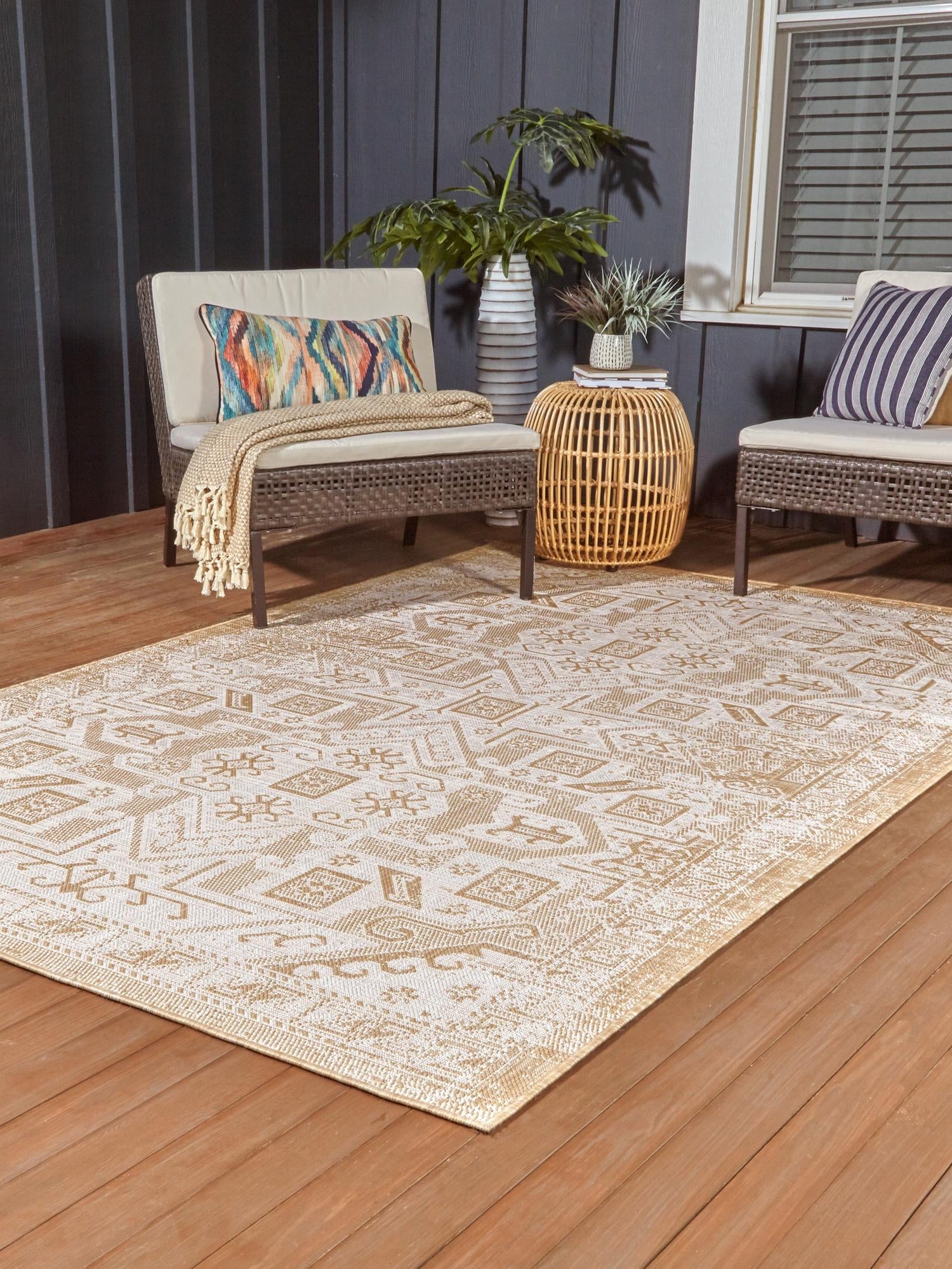 Natural 6' 1 x 9' Outdoor Aztec Rectangle Area Rug Weather Resistant for Patio, Deck, Terrace, Balcony, Porch 100% Polypropylene Traditional Carpet Mat for Sale at Rug Engine