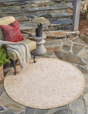 Natural 5' 3 x 5' 3 Outdoor Aztec Round Area Rug Weather Resistant for Patio, Deck, Terrace, Balcony, Porch 100% Polypropylene Traditional Carpet Mat for Sale at Rug Engine
