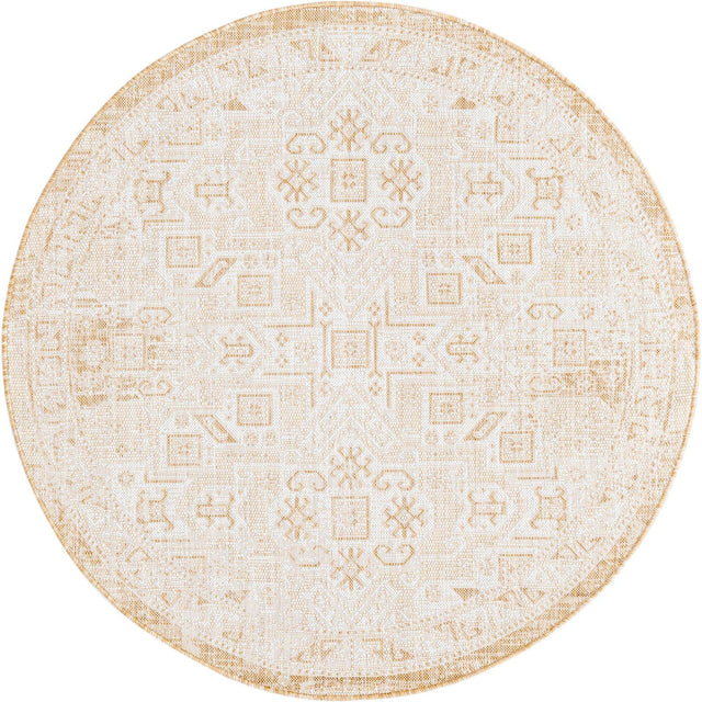 Natural 5' 3 x 5' 3 Outdoor Aztec Round Area Rug Weather Resistant for Patio, Deck, Terrace, Balcony, Porch 100% Polypropylene Traditional Carpet Mat for Sale at Rug Engine