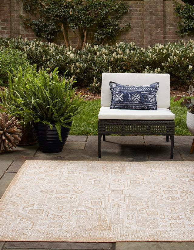 Natural 10' x 10' Outdoor Aztec Square Area Rug Weather Resistant for Patio, Deck, Terrace, Balcony, Porch 100% Polypropylene Traditional Carpet Mat for Sale at Rug Engine