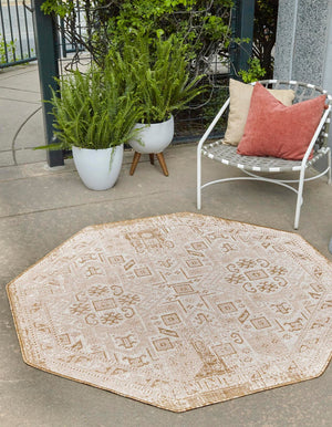 Natural 5' 3 x 5' 3 Outdoor Aztec Octagon Area Rug Weather Resistant for Patio, Deck, Terrace, Balcony, Porch 100% Polypropylene Traditional Carpet Mat for Sale at Rug Engine