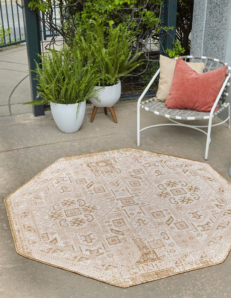 Natural 5' 3 x 5' 3 Outdoor Aztec Octagon Area Rug Weather Resistant for Patio, Deck, Terrace, Balcony, Porch 100% Polypropylene Traditional Carpet Mat for Sale at Rug Engine