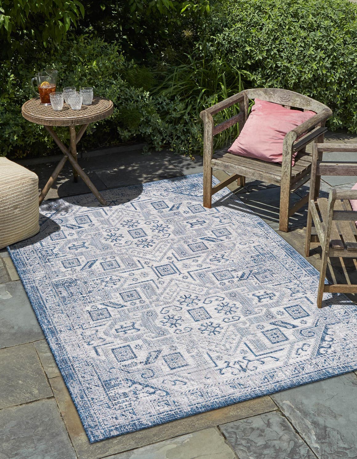 Blue 9' x 12' Outdoor Aztec Rectangle Area Rug Weather Resistant for Patio, Deck, Terrace, Balcony, Porch 100% Polypropylene Traditional Carpet Mat for Sale at Rug Engine
