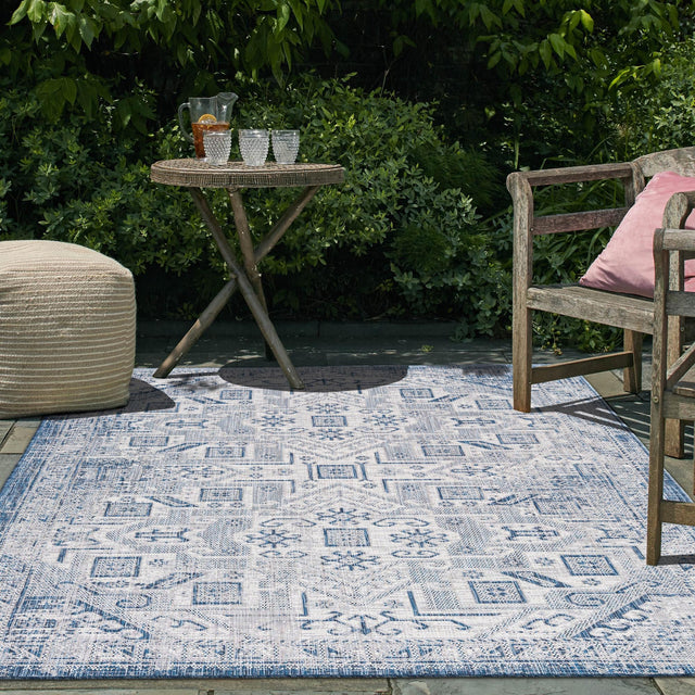 Blue 9' x 12' Outdoor Aztec Rectangle Area Rug Weather Resistant for Patio, Deck, Terrace, Balcony, Porch 100% Polypropylene Traditional Carpet Mat for Sale at Rug Engine