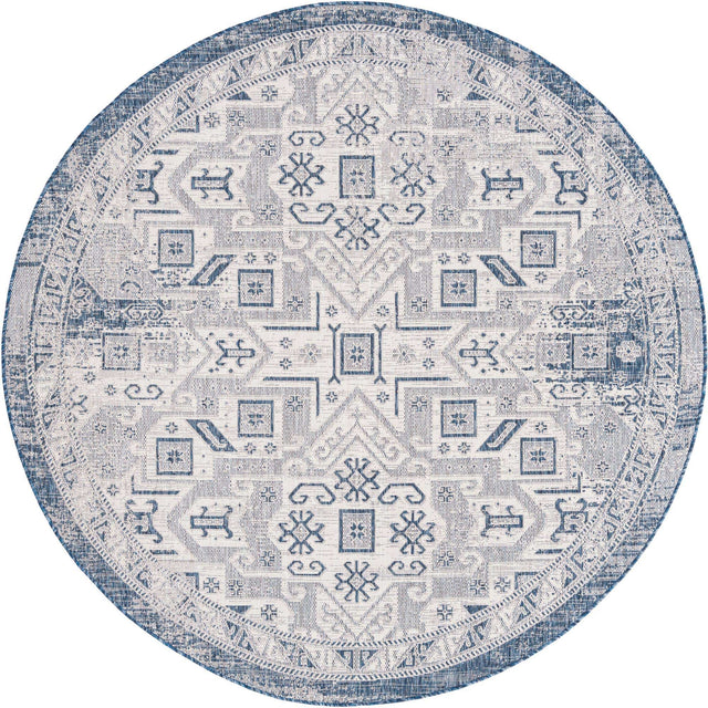 Blue 7' 10 x 7' 10 Outdoor Aztec Round Area Rug Weather Resistant for Patio, Deck, Terrace, Balcony, Porch 100% Polypropylene Traditional Carpet Mat for Sale at Rug Engine