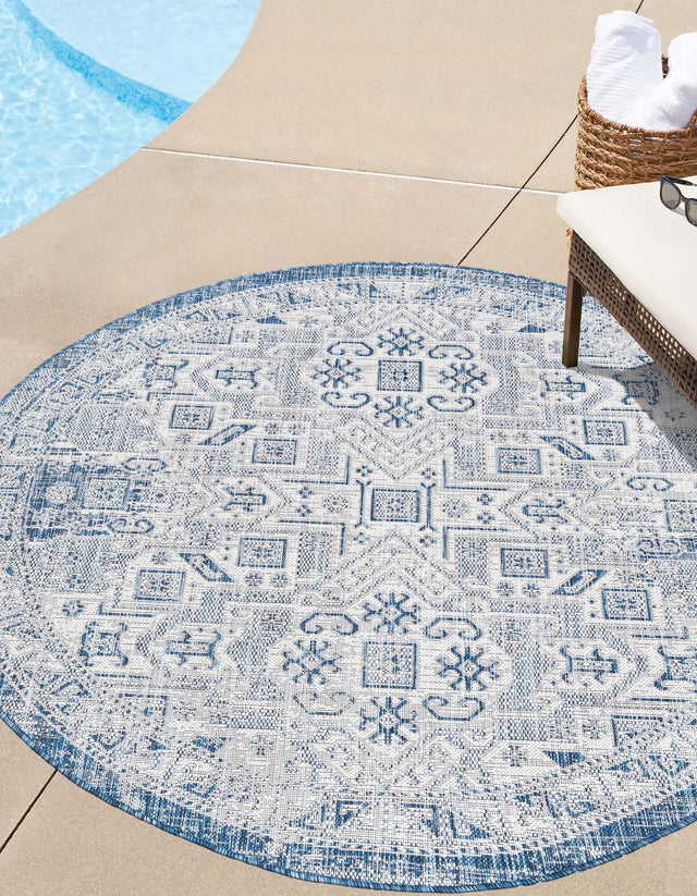 Blue 7' 10 x 7' 10 Outdoor Aztec Round Area Rug Weather Resistant for Patio, Deck, Terrace, Balcony, Porch 100% Polypropylene Traditional Carpet Mat for Sale at Rug Engine