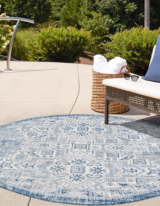 Blue 4' 1 x 4' 1 Outdoor Aztec Round Area Rug Weather Resistant for Patio, Deck, Terrace, Balcony, Porch 100% Polypropylene Traditional Carpet Mat for Sale at Rug Engine