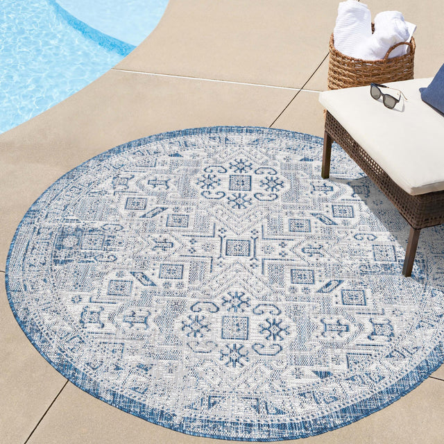 Blue 10' x 10' Outdoor Aztec Round Area Rug Weather Resistant for Patio, Deck, Terrace, Balcony, Porch 100% Polypropylene Traditional Carpet Mat for Sale at Rug Engine