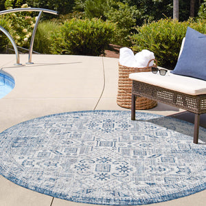 Blue 10' x 10' Outdoor Aztec Round Area Rug Weather Resistant for Patio, Deck, Terrace, Balcony, Porch 100% Polypropylene Traditional Carpet Mat for Sale at Rug Engine