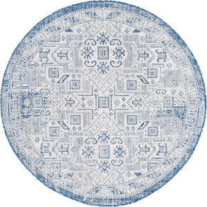 Blue 5' 3 x 5' 3 Outdoor Aztec Round Area Rug Weather Resistant for Patio, Deck, Terrace, Balcony, Porch 100% Polypropylene Traditional Carpet Mat for Sale at Rug Engine