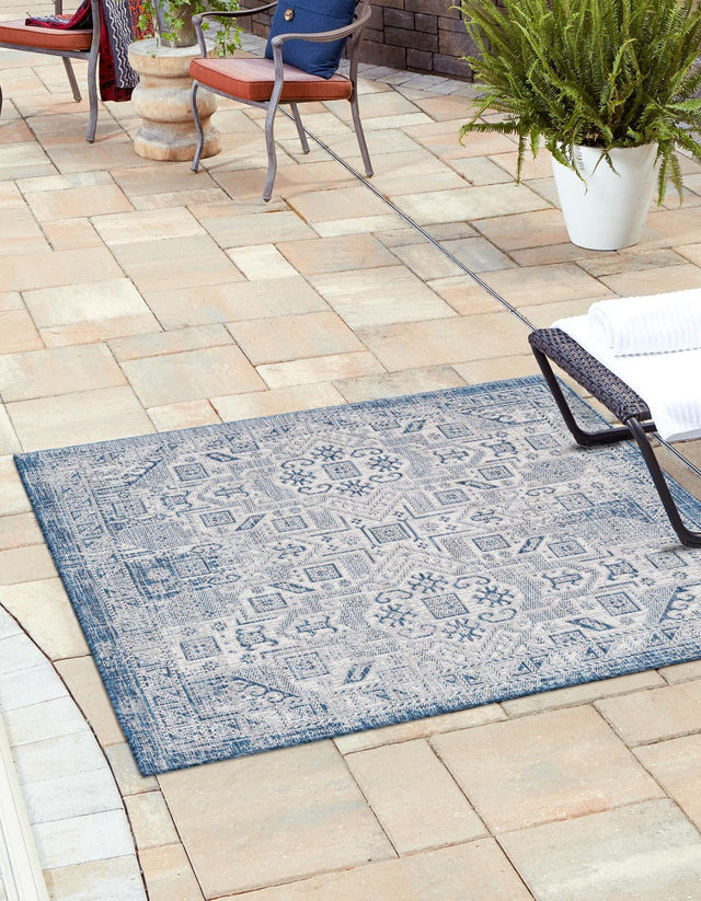 Blue 5' 3 x 5' 3 Outdoor Aztec Square Area Rug Weather Resistant for Patio, Deck, Terrace, Balcony, Porch 100% Polypropylene Traditional Carpet Mat for Sale at Rug Engine