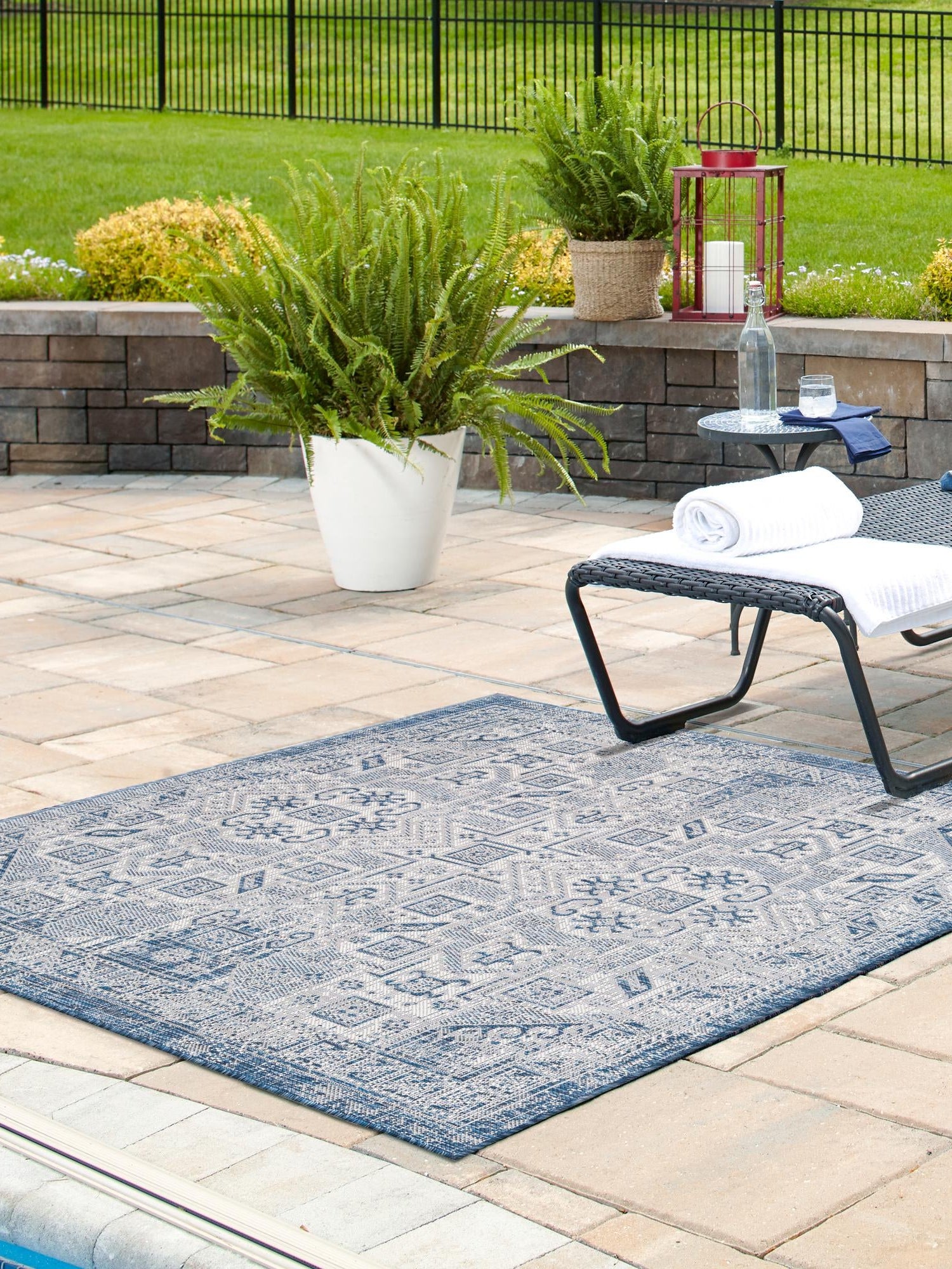 Blue 7' 10 x 7' 10 Outdoor Aztec Square Area Rug Weather Resistant for Patio, Deck, Terrace, Balcony, Porch 100% Polypropylene Traditional Carpet Mat for Sale at Rug Engine