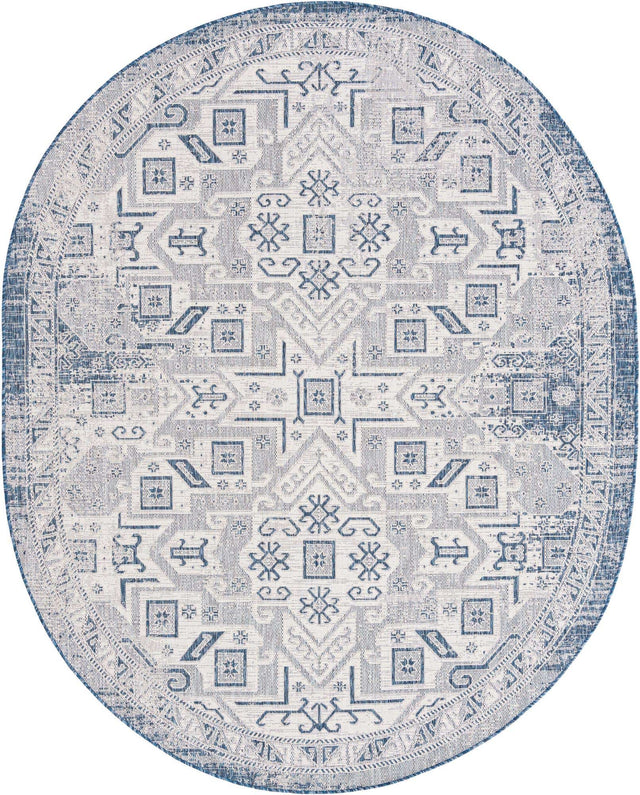 Blue 7' 10 x 10' Outdoor Aztec Oval Area Rug Weather Resistant for Patio, Deck, Terrace, Balcony, Porch 100% Polypropylene Traditional Carpet Mat for Sale at Rug Engine