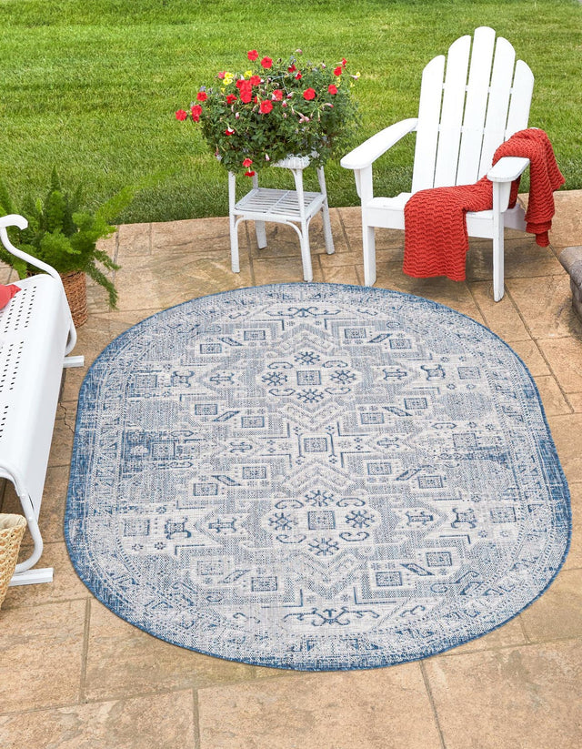 Blue 3' 1 x 5' 3 Outdoor Aztec Oval Area Rug Weather Resistant for Patio, Deck, Terrace, Balcony, Porch 100% Polypropylene Traditional Carpet Mat for Sale at Rug Engine