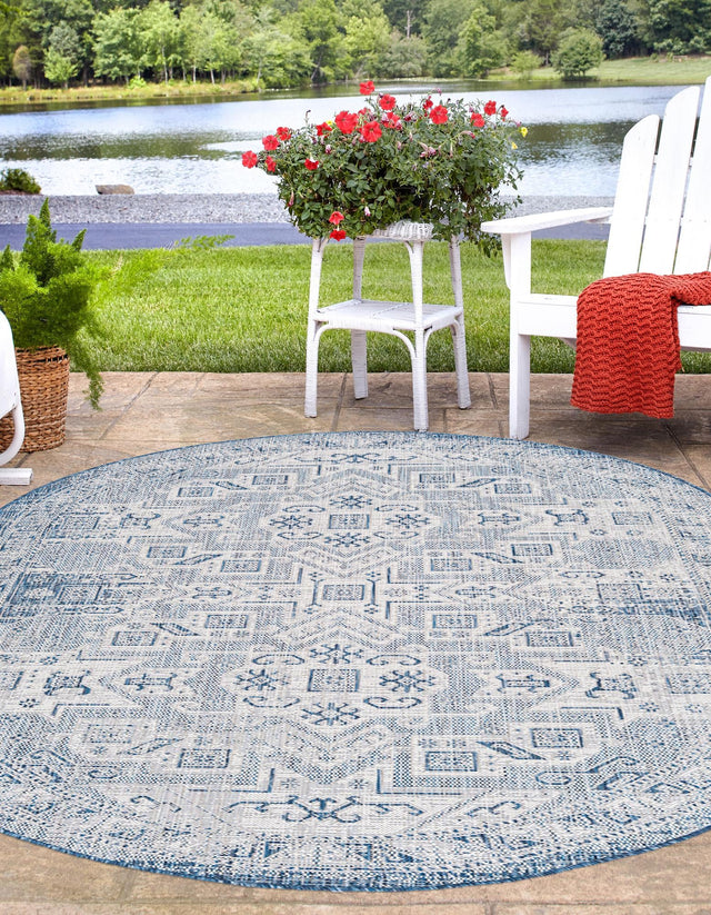 Blue 5' 3 x 8' Outdoor Aztec Oval Area Rug Weather Resistant for Patio, Deck, Terrace, Balcony, Porch 100% Polypropylene Traditional Carpet Mat for Sale at Rug Engine