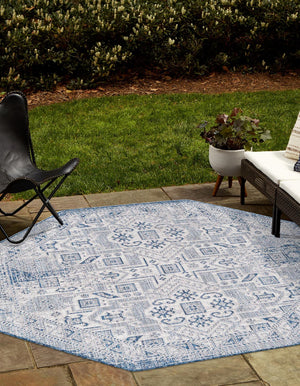 Blue 7' 10 x 7' 10 Outdoor Aztec Octagon Area Rug Weather Resistant for Patio, Deck, Terrace, Balcony, Porch 100% Polypropylene Traditional Carpet Mat for Sale at Rug Engine