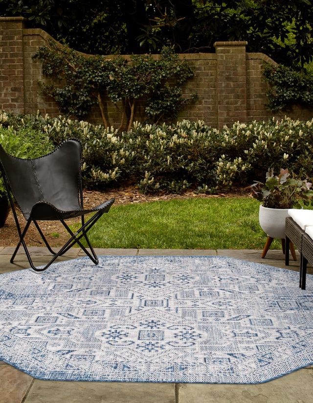 Blue 7' 10 x 7' 10 Outdoor Aztec Octagon Area Rug Weather Resistant for Patio, Deck, Terrace, Balcony, Porch 100% Polypropylene Traditional Carpet Mat for Sale at Rug Engine