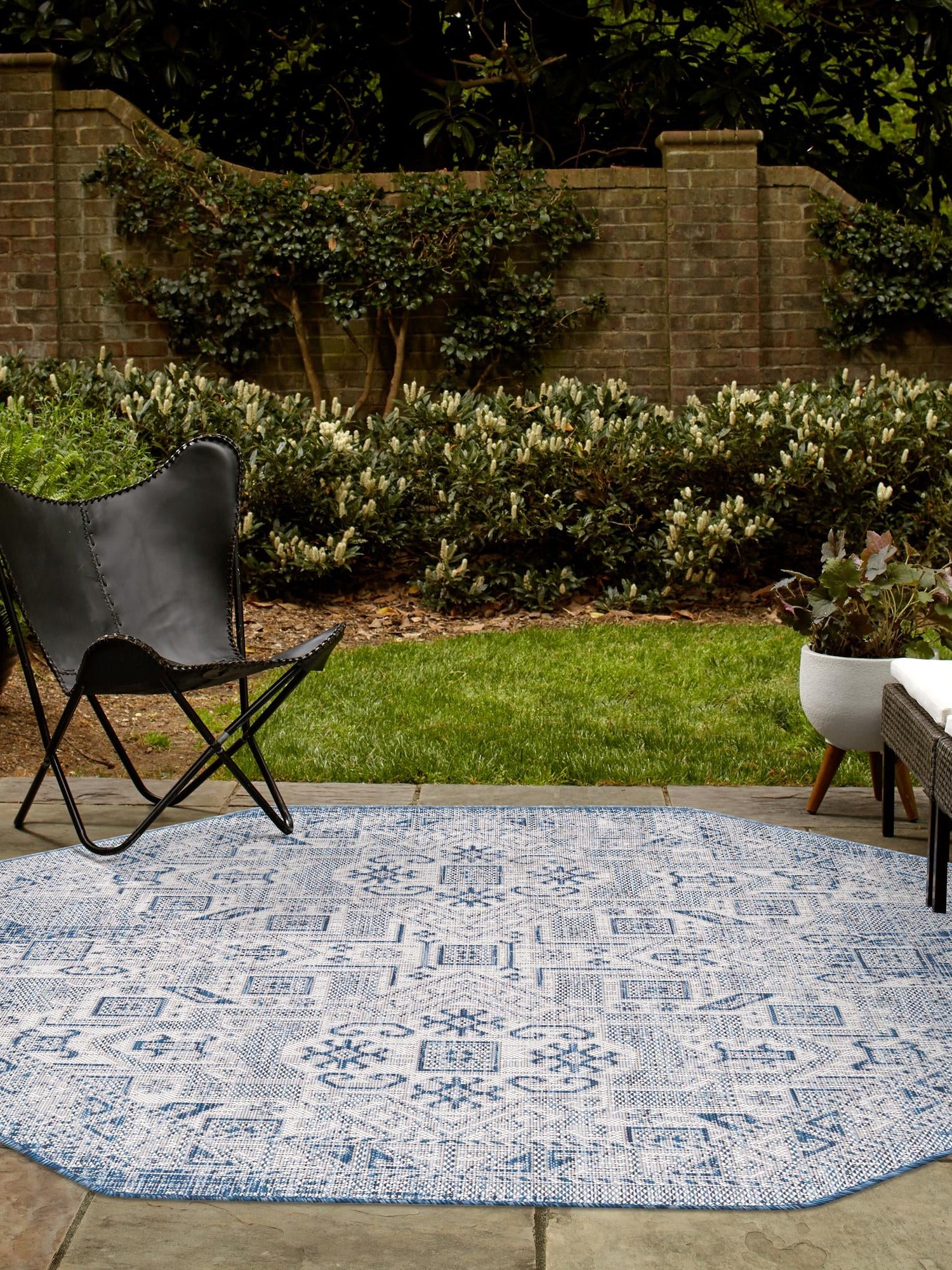 Blue 5' 3 x 5' 3 Outdoor Aztec Octagon Area Rug Weather Resistant for Patio, Deck, Terrace, Balcony, Porch 100% Polypropylene Traditional Carpet Mat for Sale at Rug Engine