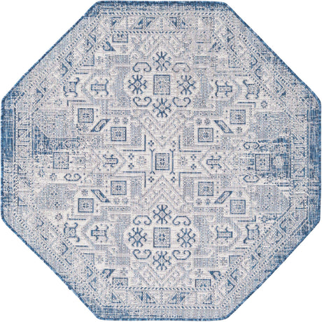 Blue 5' 3 x 5' 3 Outdoor Aztec Octagon Area Rug Weather Resistant for Patio, Deck, Terrace, Balcony, Porch 100% Polypropylene Traditional Carpet Mat for Sale at Rug Engine