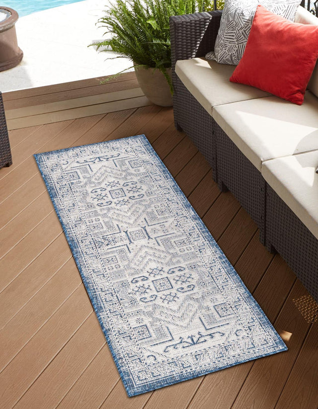Blue 2' x 8' Outdoor Aztec Runner Area Rug Weather Resistant for Patio, Deck, Terrace, Balcony, Porch 100% Polypropylene Traditional Carpet Mat for Sale at Rug Engine