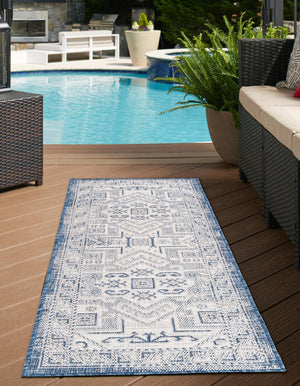 Blue 2' x 8' Outdoor Aztec Runner Area Rug Weather Resistant for Patio, Deck, Terrace, Balcony, Porch 100% Polypropylene Traditional Carpet Mat for Sale at Rug Engine