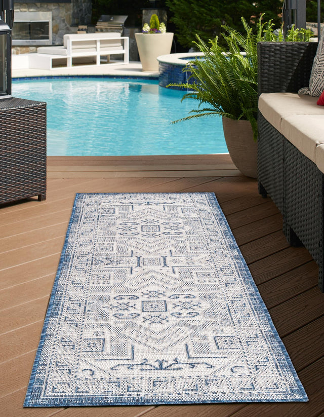 Blue 2' x 8' Outdoor Aztec Runner Area Rug Weather Resistant for Patio, Deck, Terrace, Balcony, Porch 100% Polypropylene Traditional Carpet Mat for Sale at Rug Engine