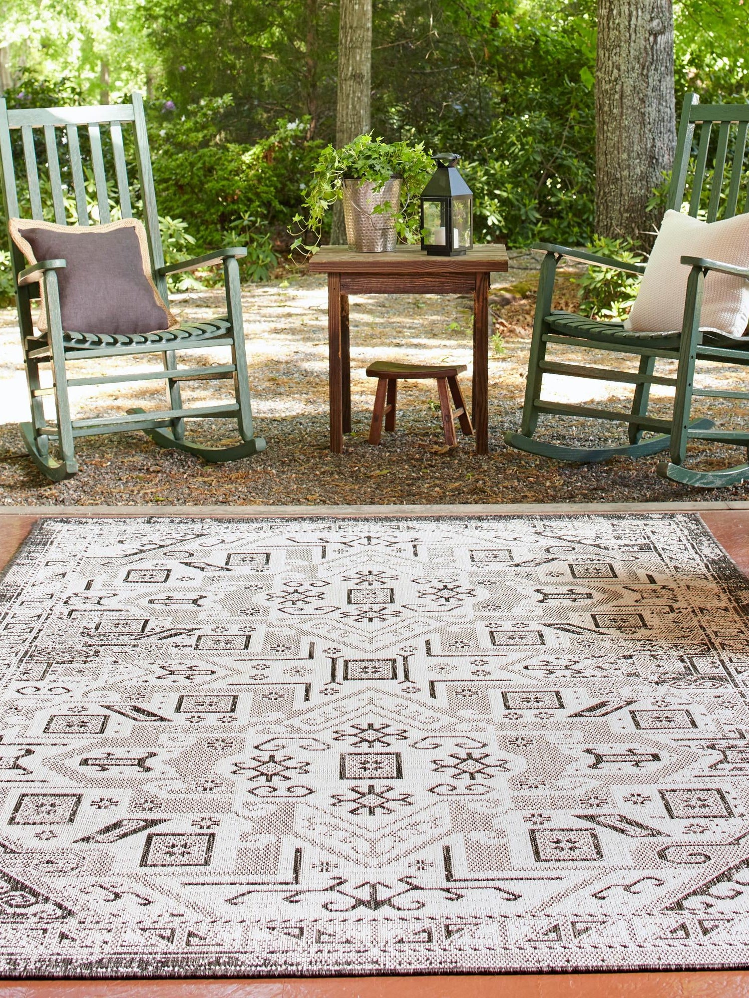 Charcoal Gray 5' 3 x 7' 1 Outdoor Aztec Rectangle Area Rug Weather Resistant for Patio, Deck, Terrace, Balcony, Porch 100% Polypropylene Traditional Carpet Mat for Sale at Rug Engine