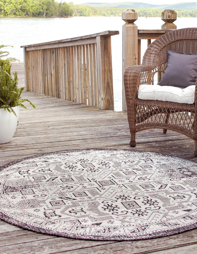 Charcoal Gray 12' x 12' Outdoor Aztec Round Area Rug Weather Resistant for Patio, Deck, Terrace, Balcony, Porch 100% Polypropylene Traditional Carpet Mat for Sale at Rug Engine