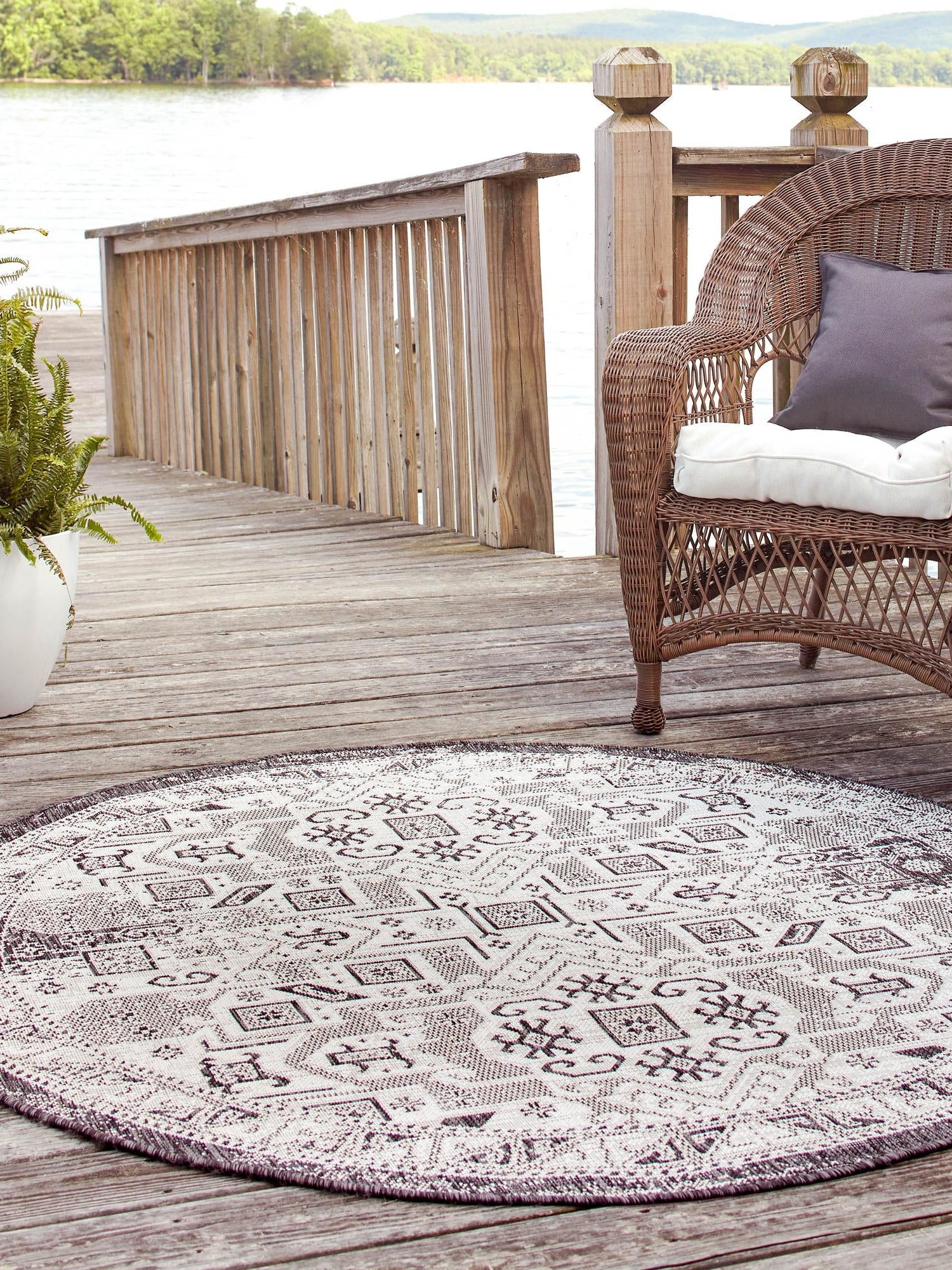 Charcoal Gray 6' 1 x 6' 1 Outdoor Aztec Round Area Rug Weather Resistant for Patio, Deck, Terrace, Balcony, Porch 100% Polypropylene Traditional Carpet Mat for Sale at Rug Engine