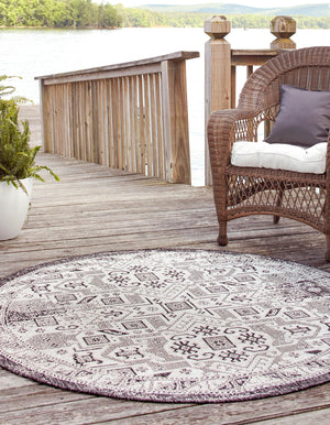 Charcoal Gray 6' 1 x 6' 1 Outdoor Aztec Round Area Rug Weather Resistant for Patio, Deck, Terrace, Balcony, Porch 100% Polypropylene Traditional Carpet Mat for Sale at Rug Engine