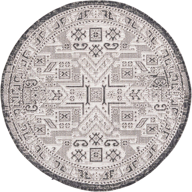 Charcoal Gray 3' 1 x 3' 1 Outdoor Aztec Round Area Rug Weather Resistant for Patio, Deck, Terrace, Balcony, Porch 100% Polypropylene Traditional Carpet Mat for Sale at Rug Engine