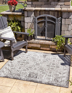 Charcoal Gray 10' x 10' Outdoor Aztec Square Area Rug Weather Resistant for Patio, Deck, Terrace, Balcony, Porch 100% Polypropylene Traditional Carpet Mat for Sale at Rug Engine