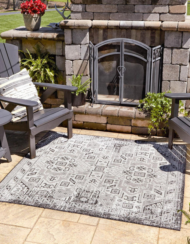 Charcoal Gray 6' 1 x 6' 1 Outdoor Aztec Square Area Rug Weather Resistant for Patio, Deck, Terrace, Balcony, Porch 100% Polypropylene Traditional Carpet Mat for Sale at Rug Engine