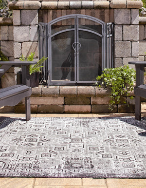 Charcoal Gray 10' x 10' Outdoor Aztec Square Area Rug Weather Resistant for Patio, Deck, Terrace, Balcony, Porch 100% Polypropylene Traditional Carpet Mat for Sale at Rug Engine