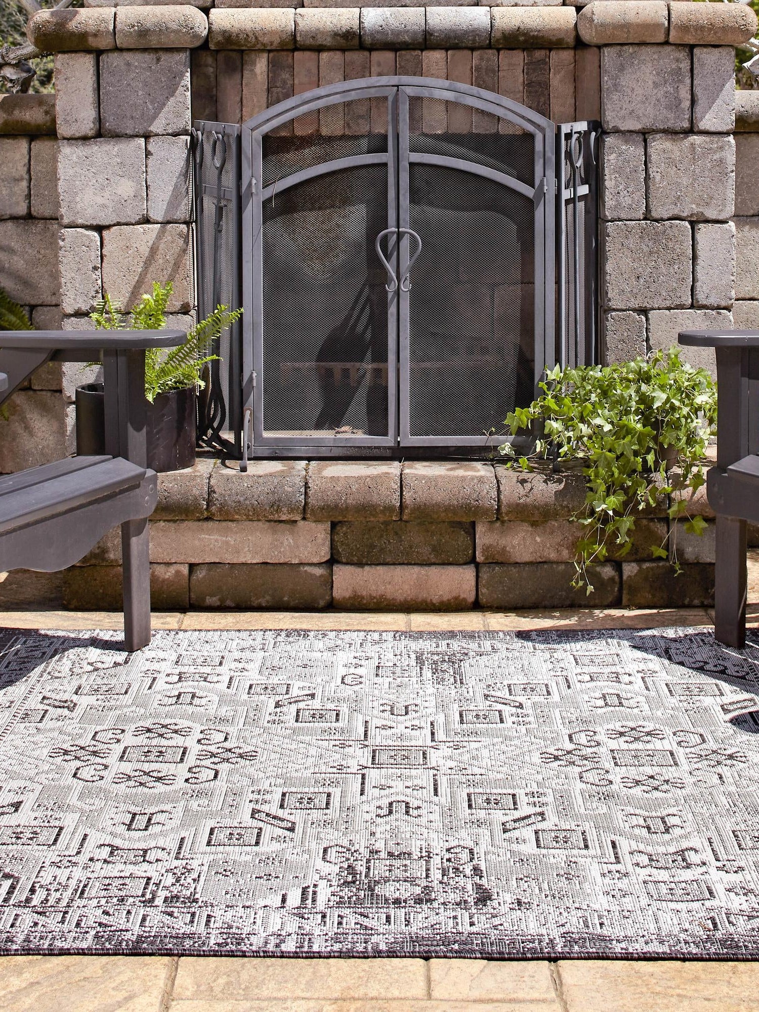 Charcoal Gray 7' 10 x 7' 10 Outdoor Aztec Square Area Rug Weather Resistant for Patio, Deck, Terrace, Balcony, Porch 100% Polypropylene Traditional Carpet Mat for Sale at Rug Engine