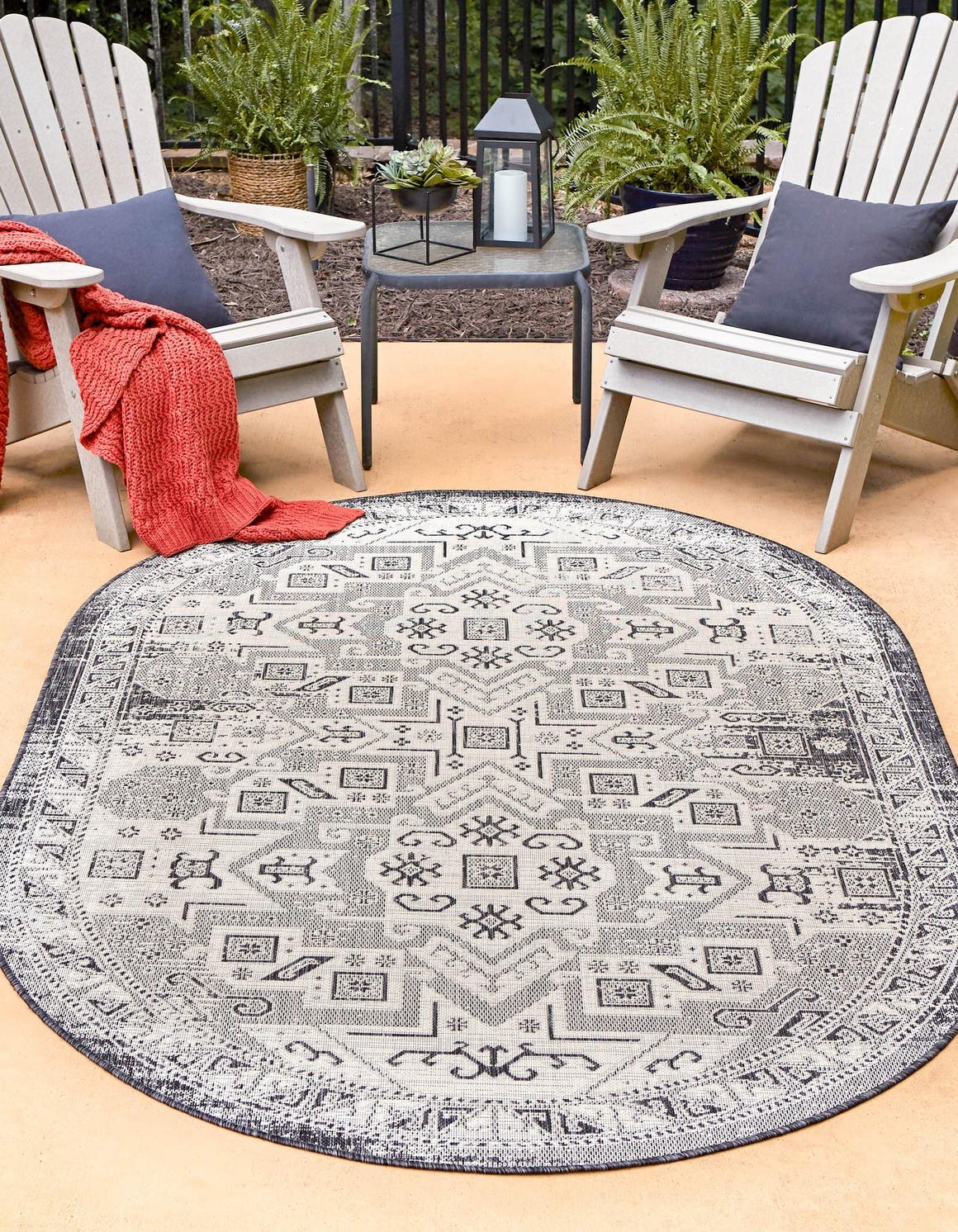 Charcoal Gray 3' 1 x 5' 3 Outdoor Aztec Oval Area Rug Weather Resistant for Patio, Deck, Terrace, Balcony, Porch 100% Polypropylene Traditional Carpet Mat for Sale at Rug Engine