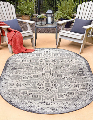 Charcoal Gray 3' 1 x 5' 3 Outdoor Aztec Oval Area Rug Weather Resistant for Patio, Deck, Terrace, Balcony, Porch 100% Polypropylene Traditional Carpet Mat for Sale at Rug Engine