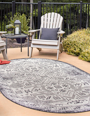 Charcoal Gray 5' 3 x 8' Outdoor Aztec Oval Area Rug Weather Resistant for Patio, Deck, Terrace, Balcony, Porch 100% Polypropylene Traditional Carpet Mat for Sale at Rug Engine