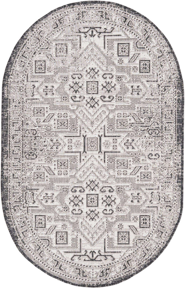 Charcoal Gray 3' 1 x 5' 3 Outdoor Aztec Oval Area Rug Weather Resistant for Patio, Deck, Terrace, Balcony, Porch 100% Polypropylene Traditional Carpet Mat for Sale at Rug Engine