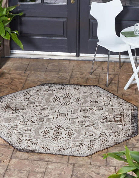 Charcoal Gray 5' 3 x 5' 3 Outdoor Aztec Octagon Area Rug Weather Resistant for Patio, Deck, Terrace, Balcony, Porch 100% Polypropylene Traditional Carpet Mat for Sale at Rug Engine
