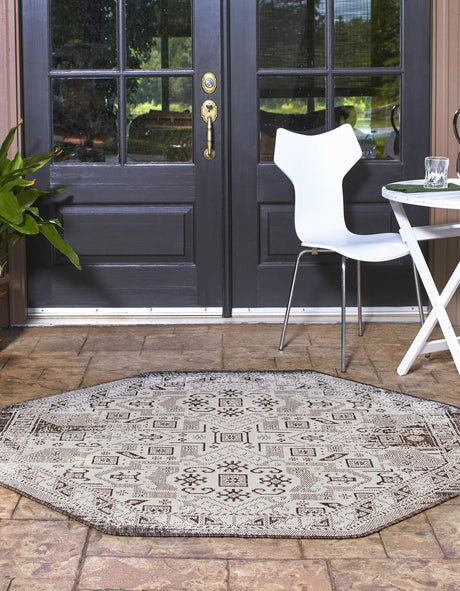 Charcoal Gray 5' 3 x 5' 3 Outdoor Aztec Octagon Area Rug Weather Resistant for Patio, Deck, Terrace, Balcony, Porch 100% Polypropylene Traditional Carpet Mat for Sale at Rug Engine