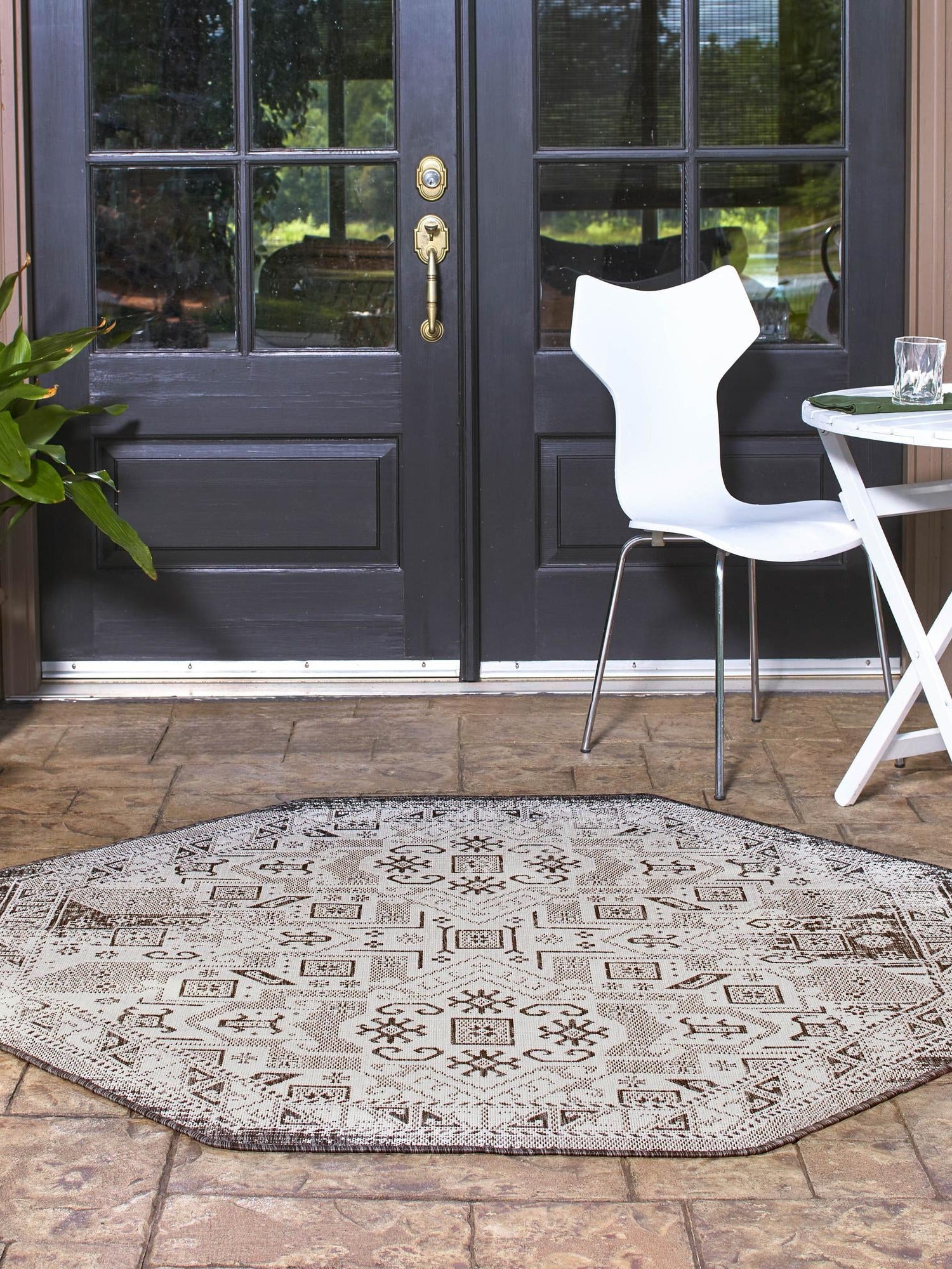 Charcoal Gray 7' 10 x 7' 10 Outdoor Aztec Octagon Area Rug Weather Resistant for Patio, Deck, Terrace, Balcony, Porch 100% Polypropylene Traditional Carpet Mat for Sale at Rug Engine