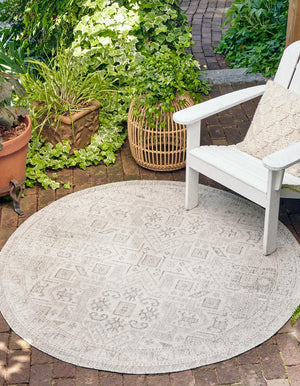Light Gray 3' 1 x 3' 1 Outdoor Aztec Round Area Rug Weather Resistant for Patio, Deck, Terrace, Balcony, Porch 100% Polypropylene Traditional Carpet Mat for Sale at Rug Engine